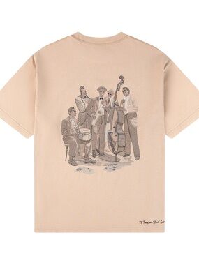 Derschutze Jazz" T-Shirt beige Embroidered Short Sleeve Crewneck Tee Mens *945